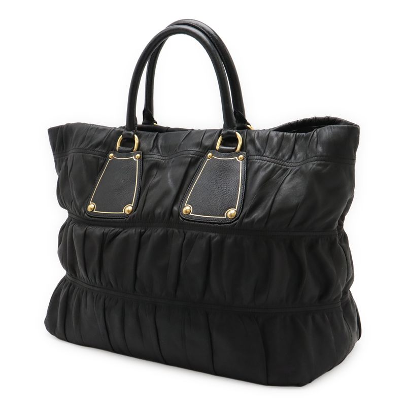 Prada Gather Tote Large Tote Handbag Leather Nero Black Gold Hardware Bn1232