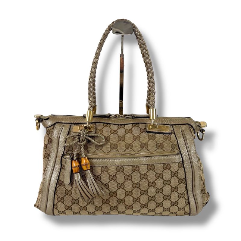 Gucci 2way Shoulder Bag with Tassel Charm Bella Bamboo Mini Tote Handbag Brown