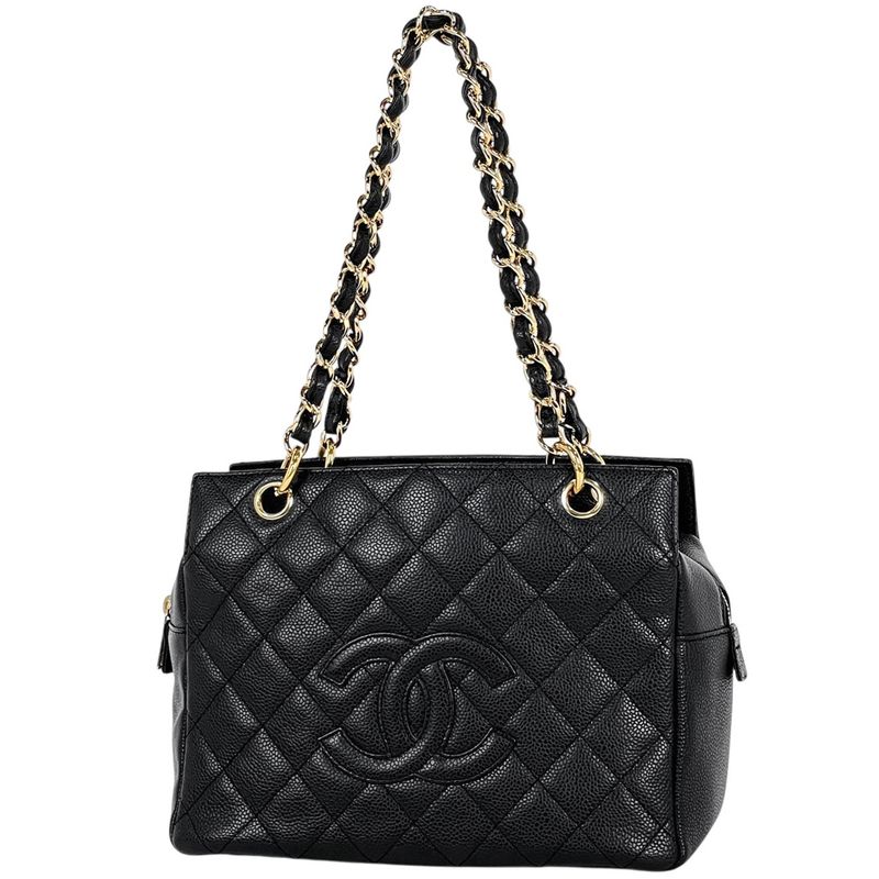 Chanel Coco Mark Chain Handbag Matelasse Tote Bag Caviar Skin Black Women