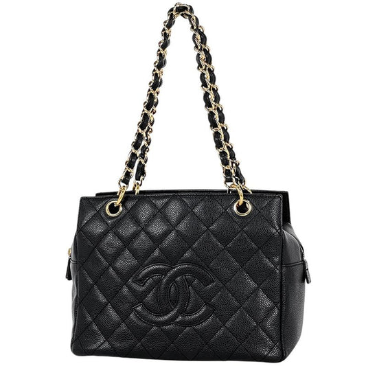 Chanel Coco Mark Chain Handbag Matelasse Tote Bag Caviar Skin Black Women