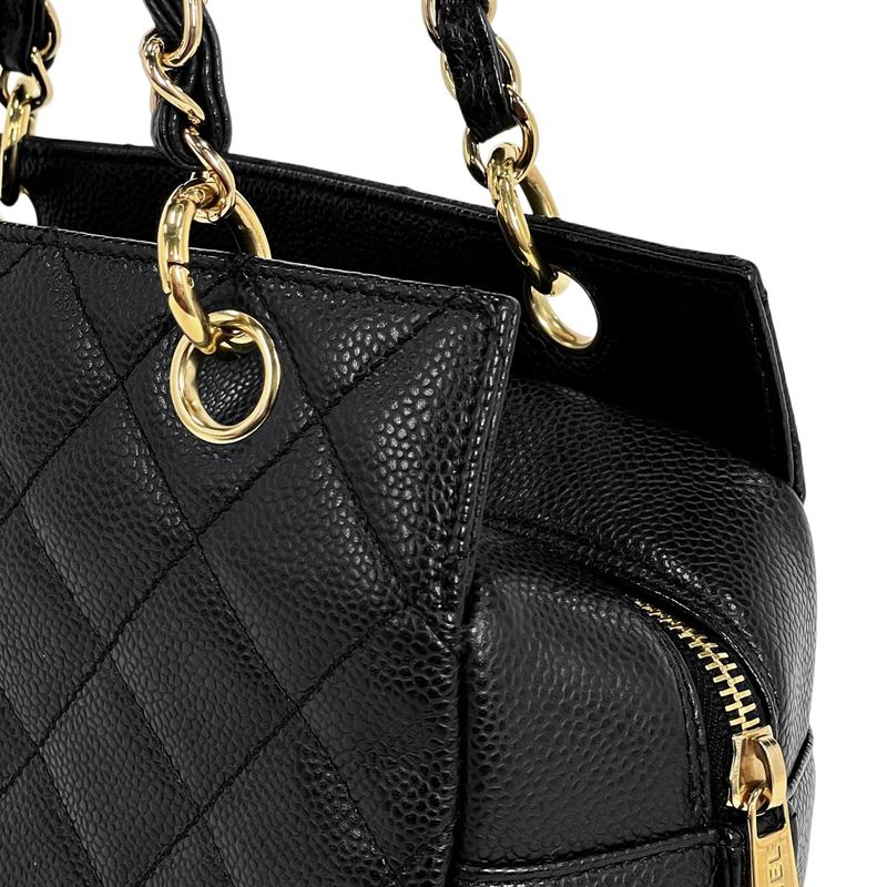 Chanel Coco Mark Chain Handbag Matelasse Tote Bag Caviar Skin Black Women