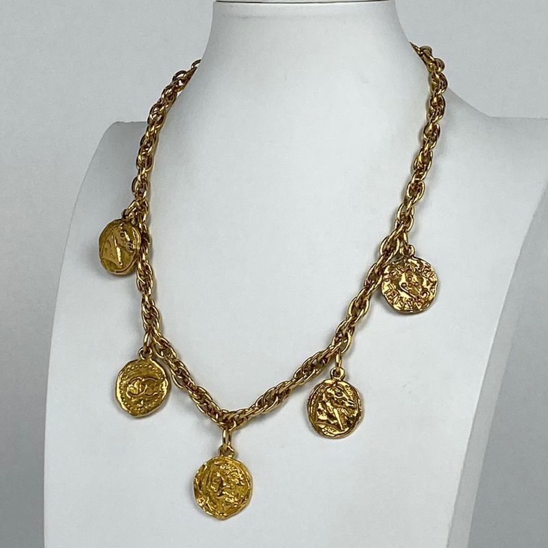 Chanel Coco Mark Chain Necklace Coin Necklace GP Gold Ladies