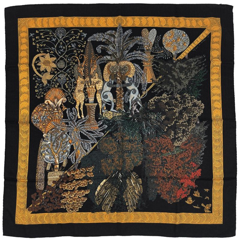 Hermes Carré 90 Les Legendes de L'arbre Wooden Legend Scarf Cashmere Silk Black