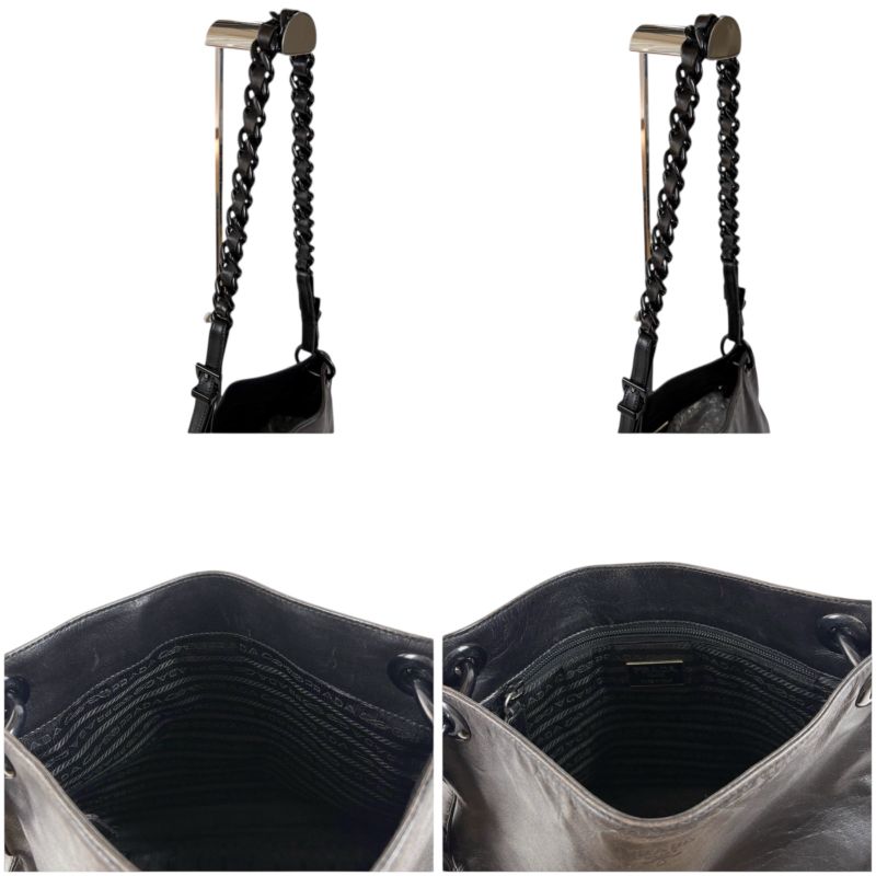 Prada Chain Shoulder Bag Black Leather Hobo Soho Plastic Chain