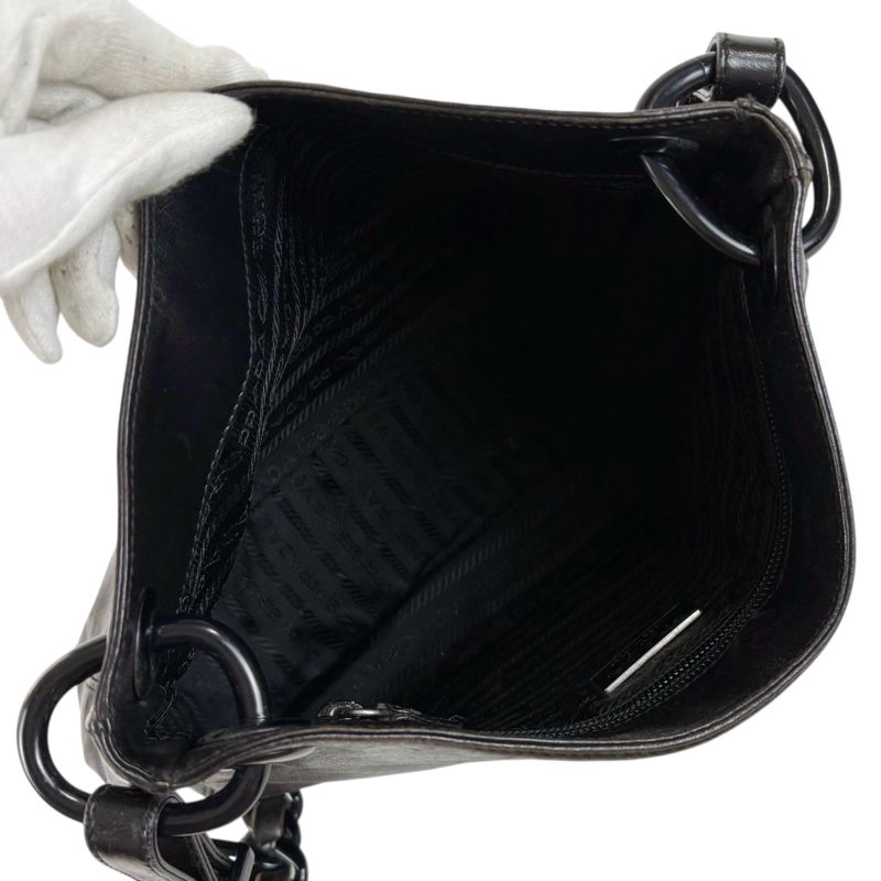Prada Chain Shoulder Bag Black Leather Hobo Soho Plastic Chain