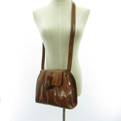 Prada Pantente Leather Shoulder Bag Logo Enamel Leather Brownish Brown