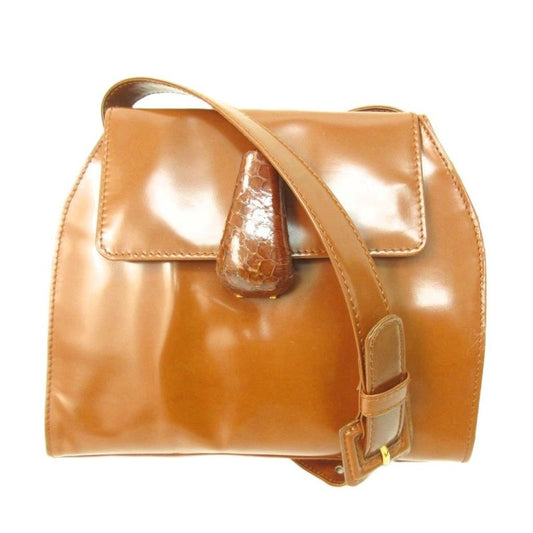 Prada Pantente Leather Shoulder Bag Logo Enamel Leather Brownish Brown