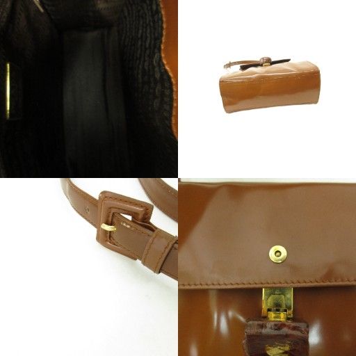 Prada Pantente Leather Shoulder Bag Logo Enamel Leather Brownish Brown
