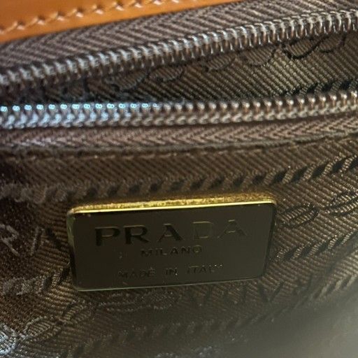 Prada Pantente Leather Shoulder Bag Logo Enamel Leather Brownish Brown