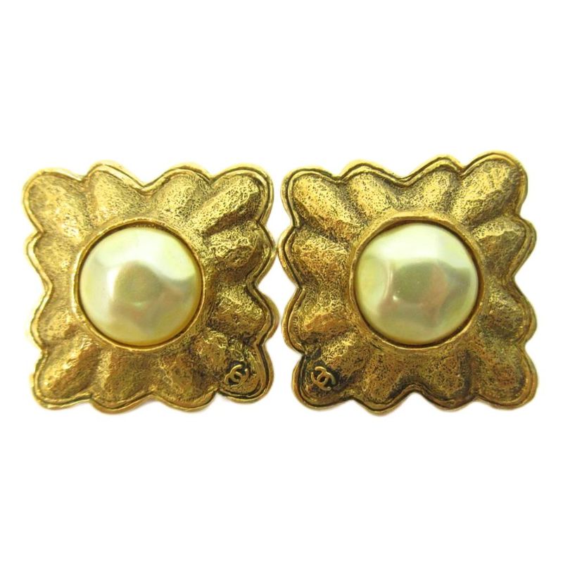 Chanel Vintage Coco Mark Square Coco Mark Logo Earrings Gold Plated Faux Pearl