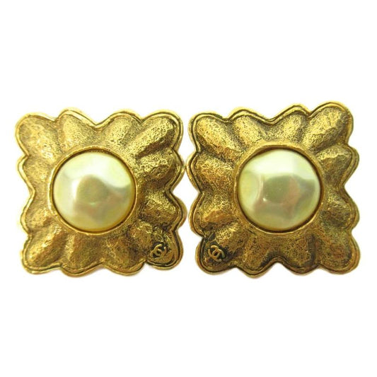 Chanel Vintage Coco Mark Square Coco Mark Logo Earrings Gold Plated Faux Pearl