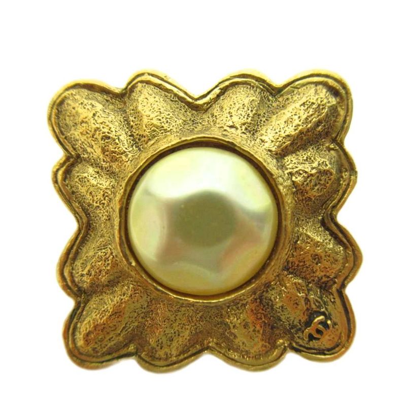 Chanel Vintage Coco Mark Square Coco Mark Logo Earrings Gold Plated Faux Pearl