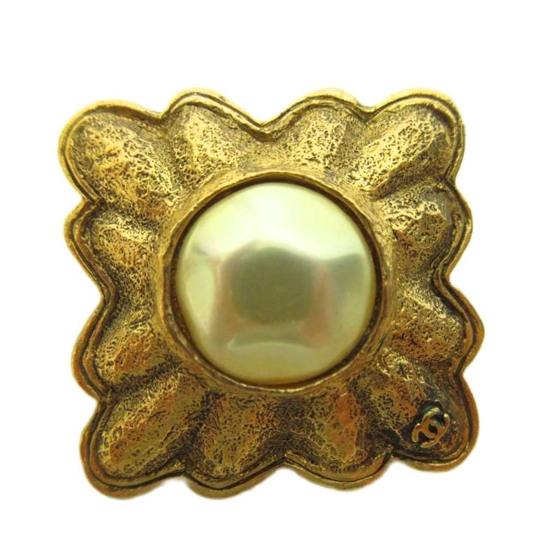 Chanel Vintage Coco Mark Square Coco Mark Logo Earrings Gold Plated Faux Pearl