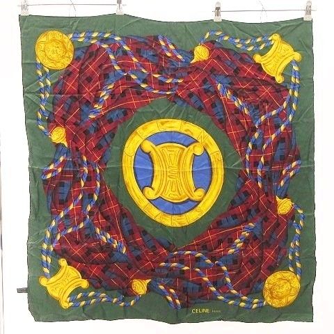 Celine Triomphe Design Large Scarf Silk Shawl Green Aa