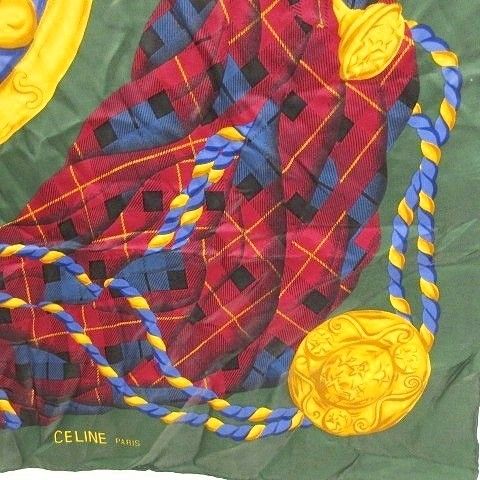 Celine Triomphe Design Large Scarf Silk Shawl Green Aa
