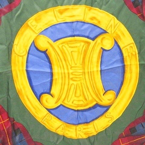 Celine Triomphe Design Large Scarf Silk Shawl Green Aa