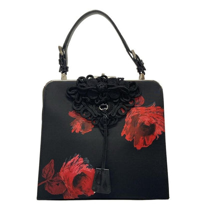 Prada Handbag - Bn1099 Black and Red Flower Pattern Leather