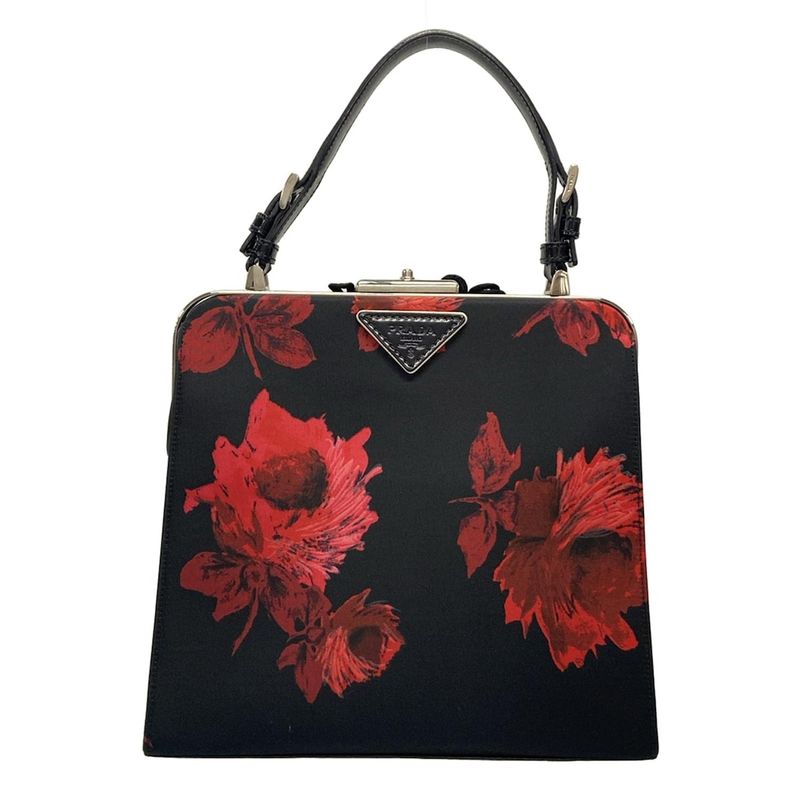 Prada Handbag - Bn1099 Black and Red Flower Pattern Leather