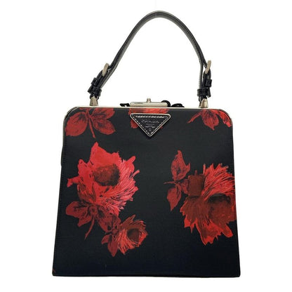 Prada Handbag - Bn1099 Black and Red Flower Pattern Leather