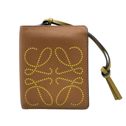 Loewe Bifold Wallet Compact Zip Brown Round Zipper Anagram Leather