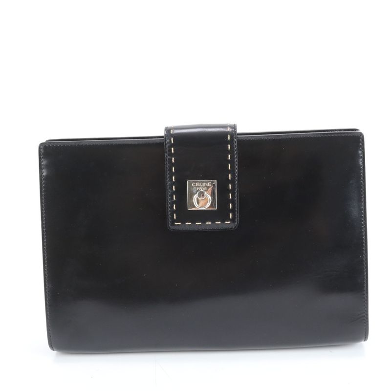 Celine Leather Second Bag Clutch Pouch Commuter Business Black Silver Hardware