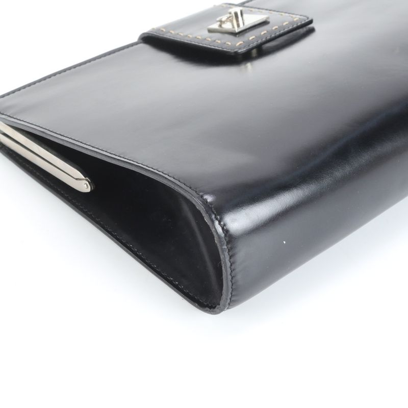 Celine Leather Second Bag Clutch Pouch Commuter Business Black Silver Hardware