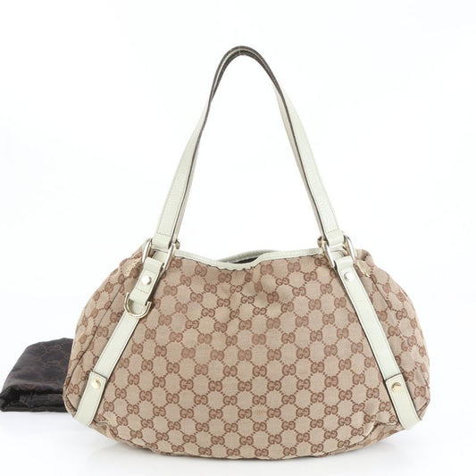 Gucci GG Canvas Abby 130736 Leather Tote Bag Shoulder Gold Hardware Brown