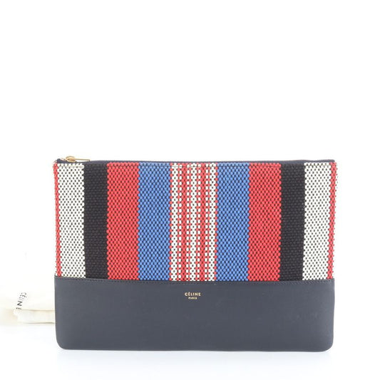 Celine Solo Stripe Leather Clutch Bag Hand Second Pouch Black Multicolor