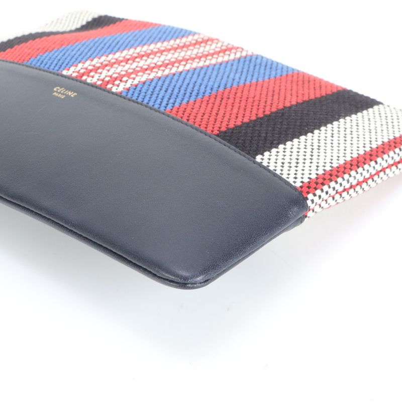 Celine Solo Stripe Leather Clutch Bag Hand Second Pouch Black Multicolor