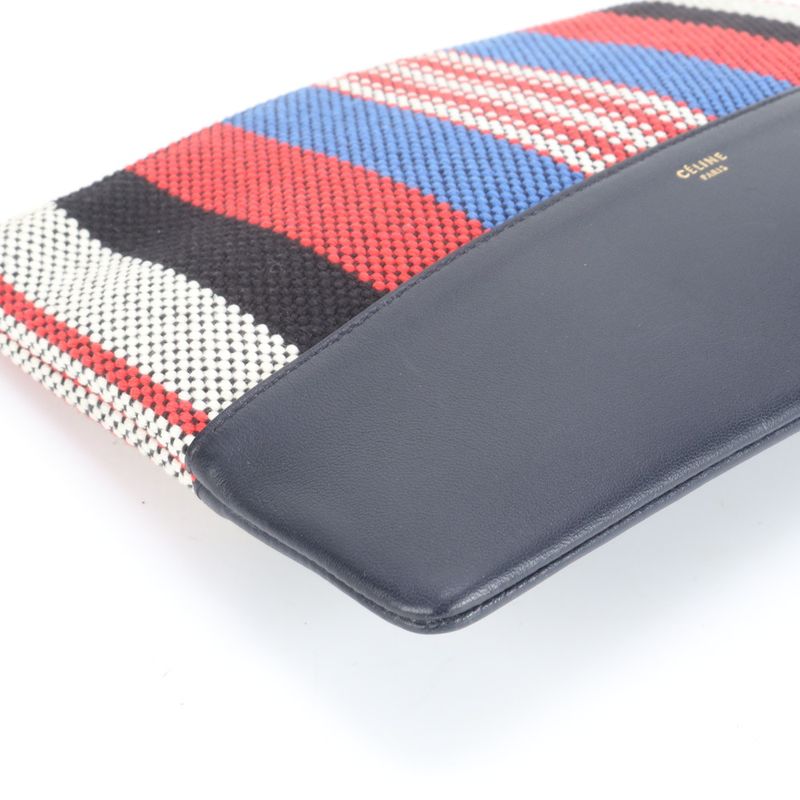 Celine Solo Stripe Leather Clutch Bag Hand Second Pouch Black Multicolor
