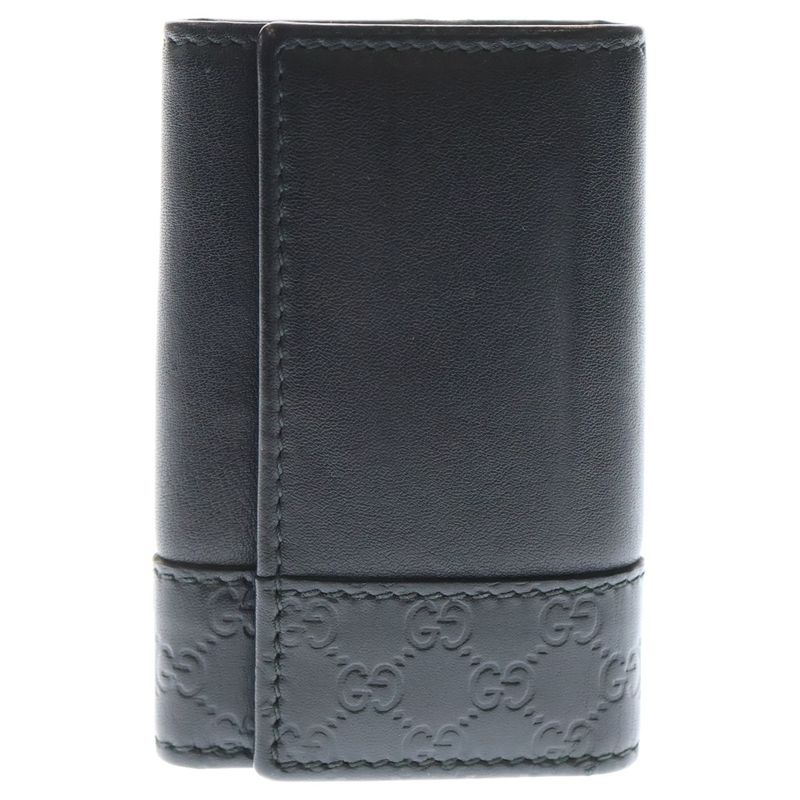 Gucci Guccissima 6-Ring Key Case Key Ring Bag Charm Black Leather Silver Hardware
