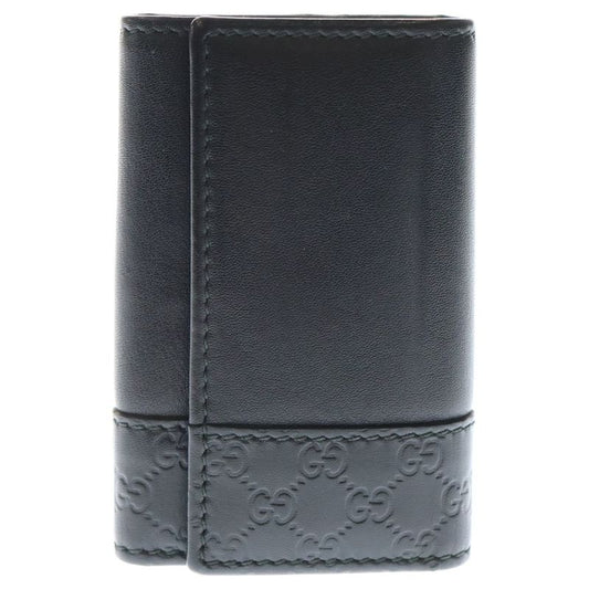 Gucci Guccissima 6-Ring Key Case Key Ring Bag Charm Black Leather Silver Hardware