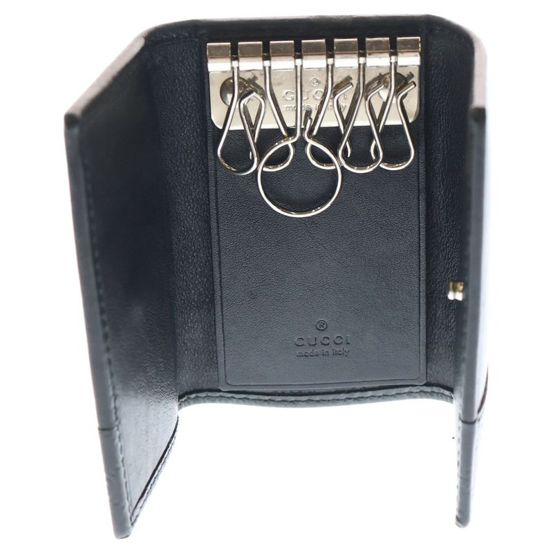 Gucci Guccissima 6-Ring Key Case Key Ring Bag Charm Black Leather Silver Hardware