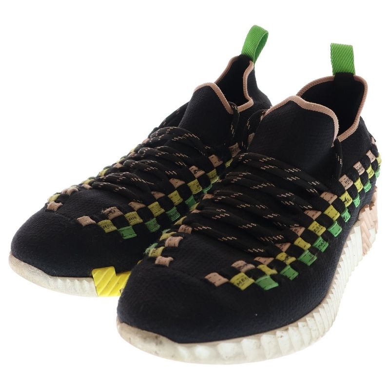 Hermes Flex H Logo Lace Up Low Cut Shoes Knit Socks Sneakers Black Light Green