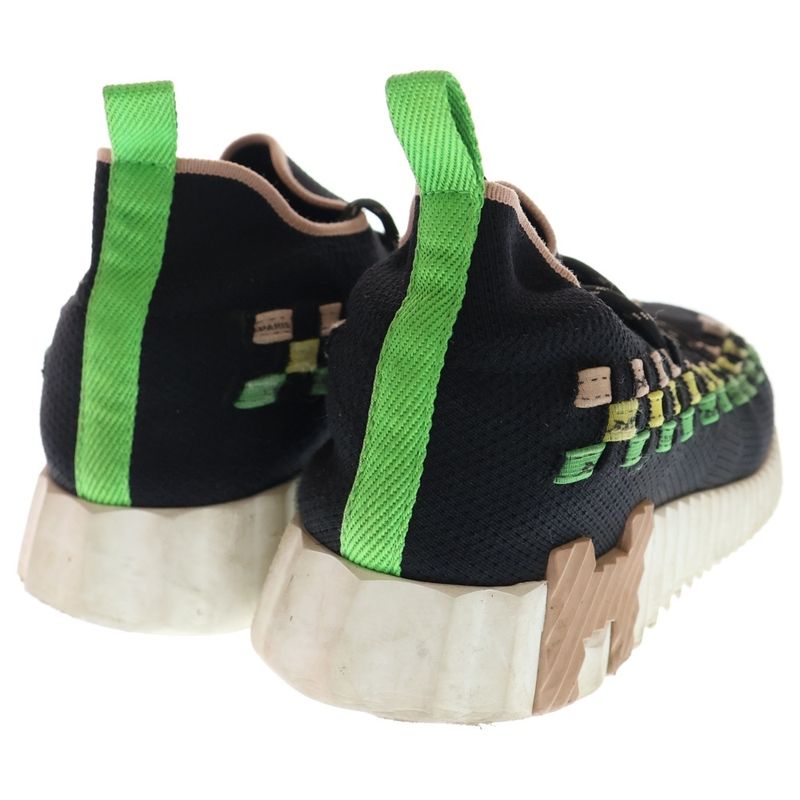 Hermes Flex H Logo Lace Up Low Cut Shoes Knit Socks Sneakers Black Light Green