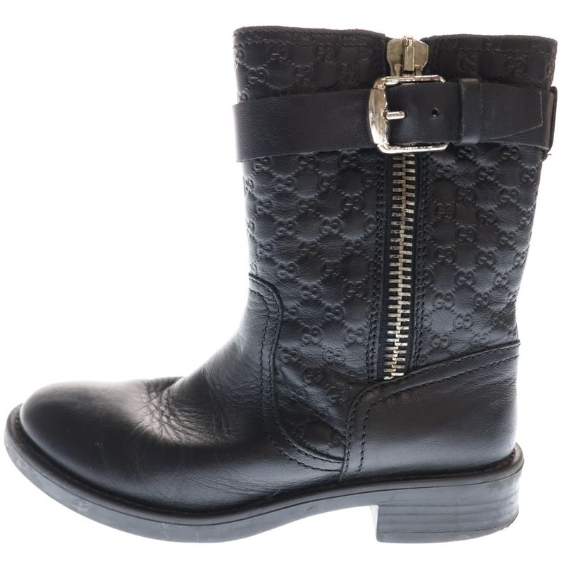 Gucci Micro Gucci Guccissima Leather Side Zip Belt Short Boots Shoes Black Women