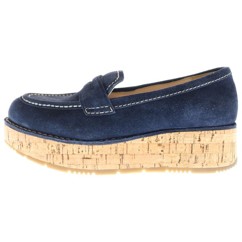 Prada Suede Leather Heeled Loafers Shoes Navy Women's