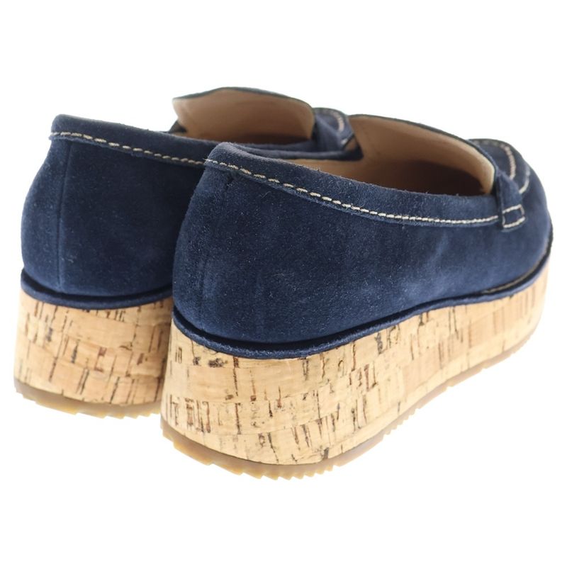 Prada Suede Leather Heeled Loafers Shoes Navy Women's