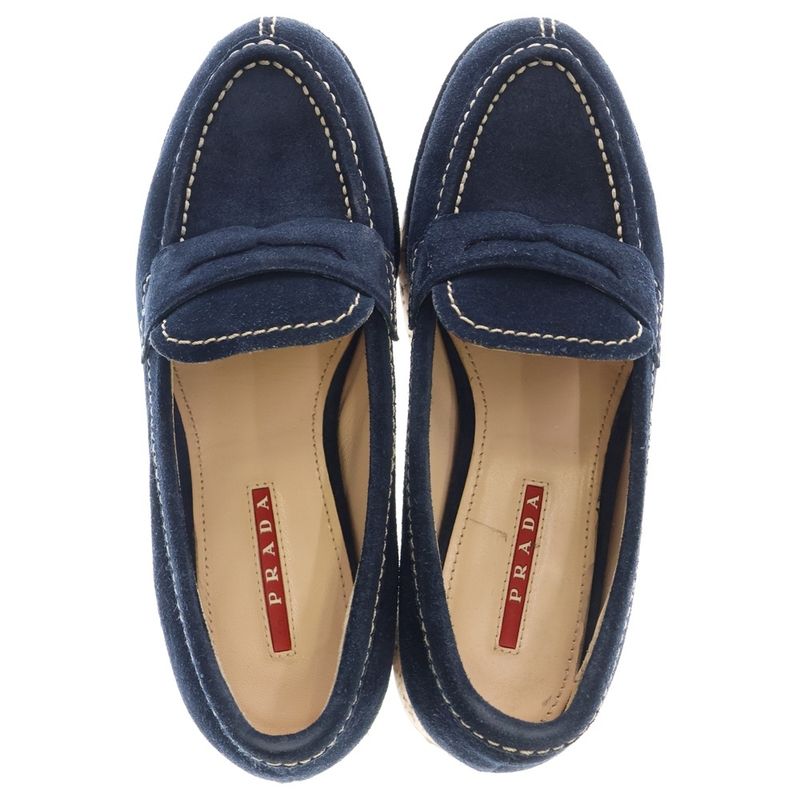 Prada Suede Leather Heeled Loafers Shoes Navy Women's