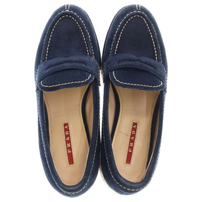 Prada Suede Leather Heeled Loafers Shoes Navy Women's