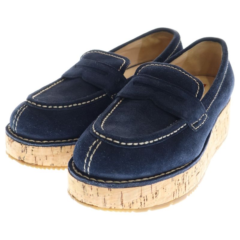 Prada Suede Leather Heeled Loafers Shoes Navy Women's