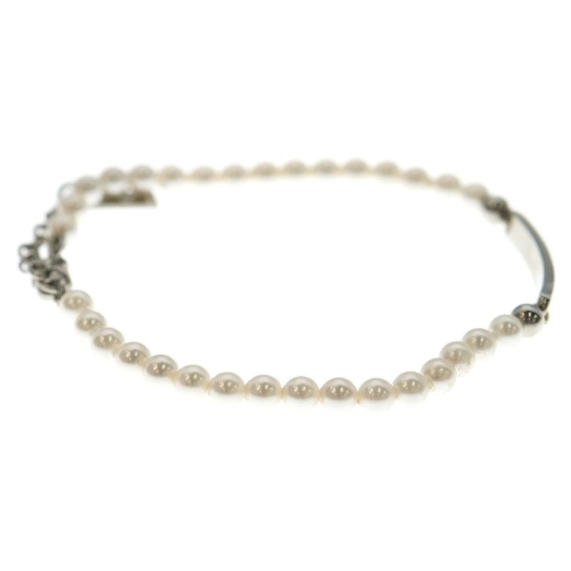 Saint Laurent Paris Metal Logo Plate Pearl Bracelet Silver White