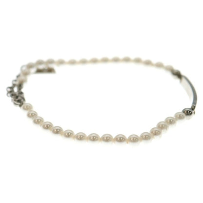 Saint Laurent Paris Metal Logo Plate Pearl Bracelet Silver White