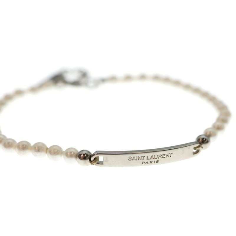 Saint Laurent Paris Metal Logo Plate Pearl Bracelet Silver White