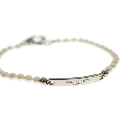 Saint Laurent Paris Metal Logo Plate Pearl Bracelet Silver White