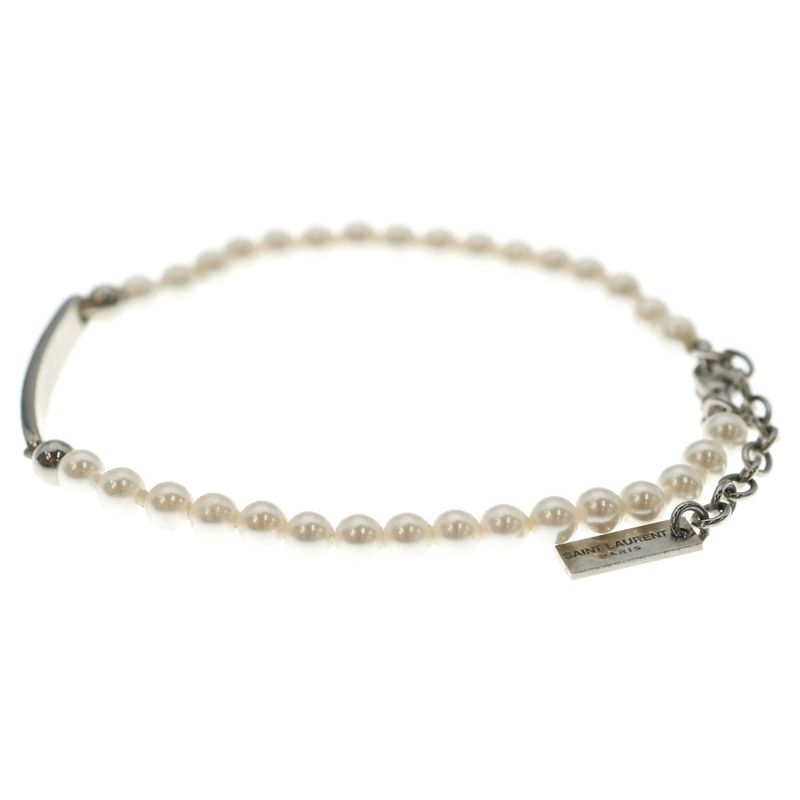 Saint Laurent Paris Metal Logo Plate Pearl Bracelet Silver White