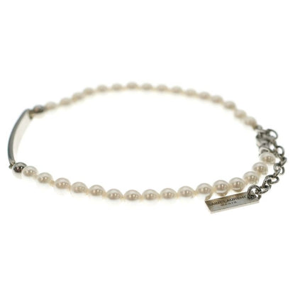 Saint Laurent Paris Metal Logo Plate Pearl Bracelet Silver White