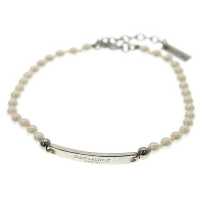 Saint Laurent Paris Metal Logo Plate Pearl Bracelet Silver White
