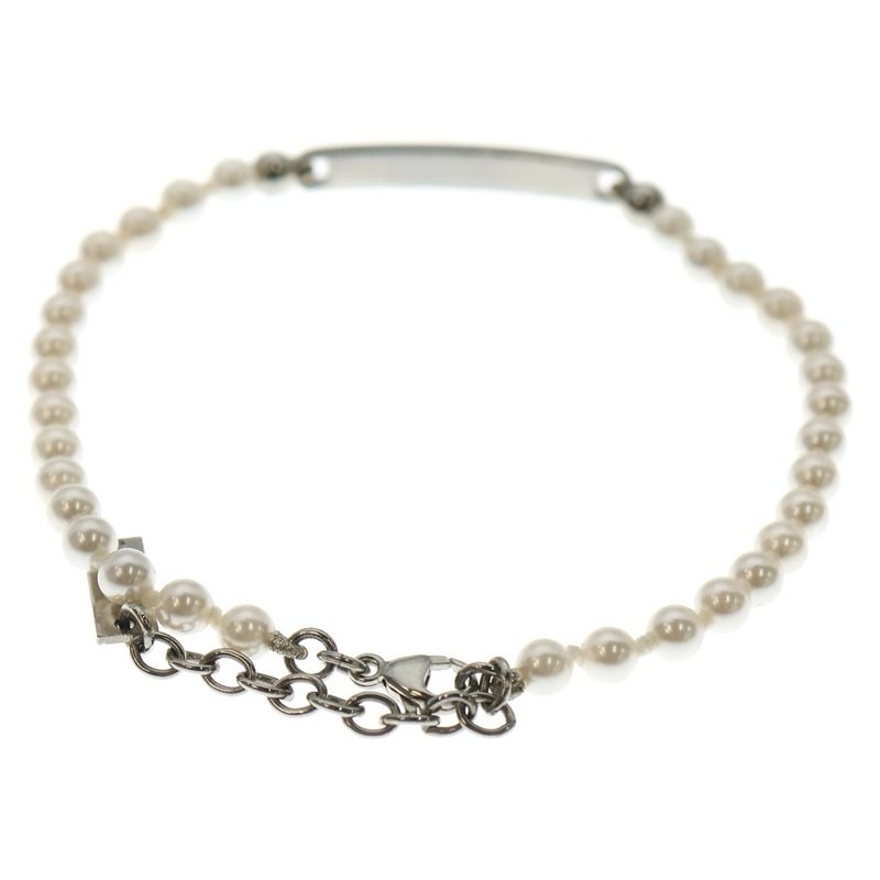 Saint Laurent Paris Metal Logo Plate Pearl Bracelet Silver White