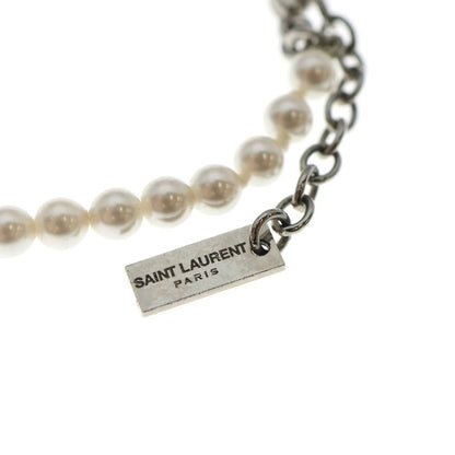 Saint Laurent Paris Metal Logo Plate Pearl Bracelet Silver White